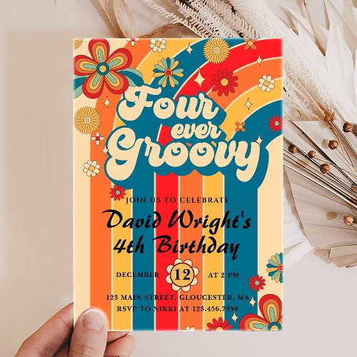 Four Ever Groovy Retro Boho Rainbow 4th Birthday Invitation