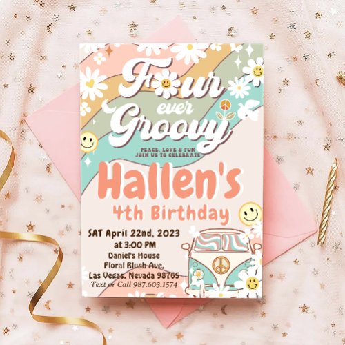 Four Ever Groovy Retro Boho Rainbow 4th Birthday Invitation