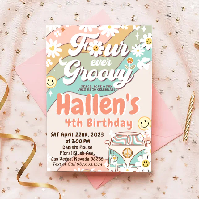 Four Ever Groovy Retro Boho Rainbow 4th Birthday Invitation | Zazzle