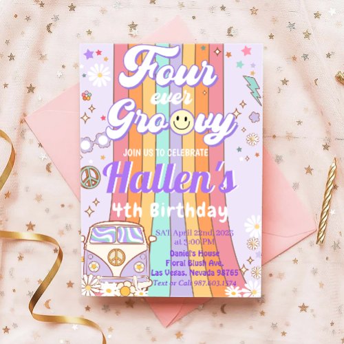 Four Ever Groovy Retro Boho Rainbow 4th Birthday Invitation