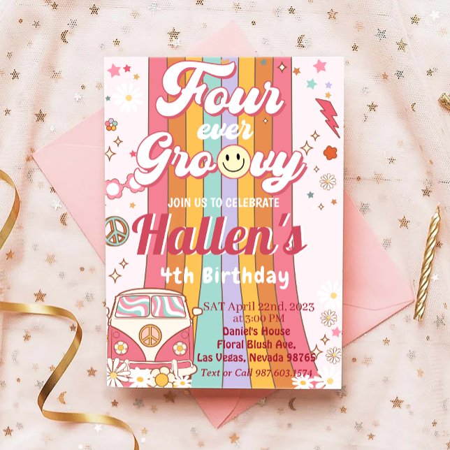 Four Ever Groovy Retro Boho Rainbow 4th Birthday Invitation (Creator Uploaded)