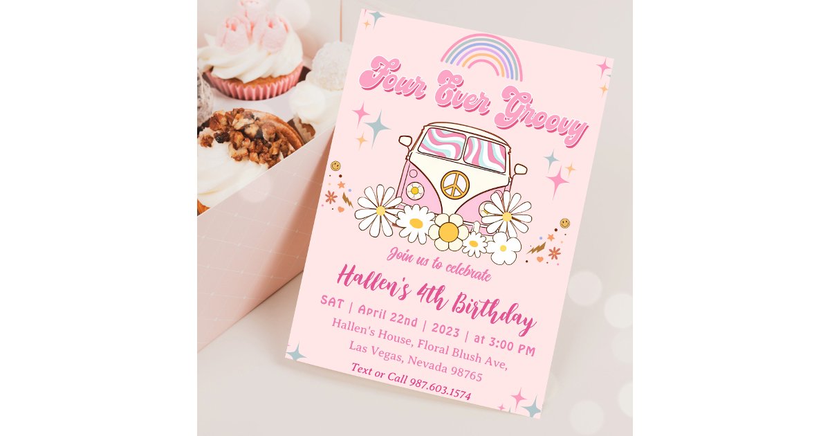 Four Ever Groovy Retro Boho Rainbow 4th Birthday Invitation | Zazzle