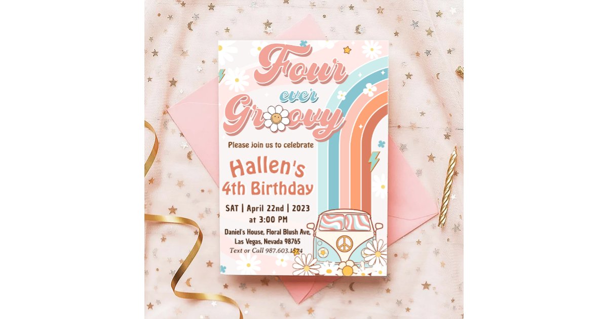 Four Ever Groovy Retro Boho Rainbow 4th Birthday Invitation | Zazzle
