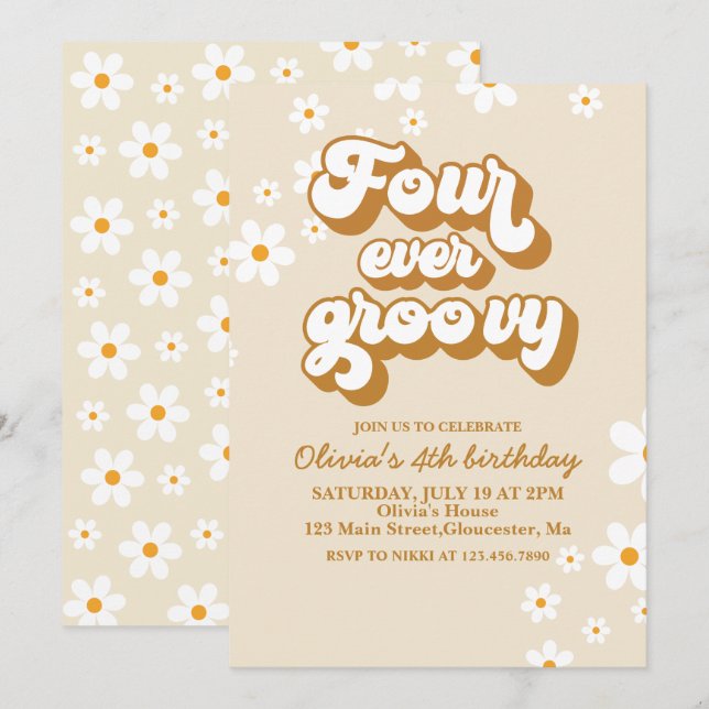 Four Ever Groovy Retro Daisy 4th Birthday Invitation (Front/Back)
