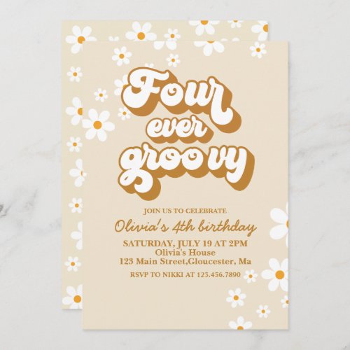 Four Ever Groovy Retro Daisy 4th Birthday Invitation