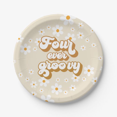 Four Ever Groovy Retro Daisy 4th Birthday Paper Plates