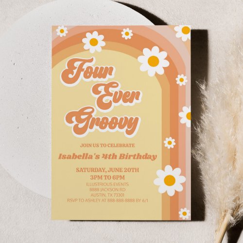 Four Ever Groovy Retro Daisy 4th Birthday Party Invitation