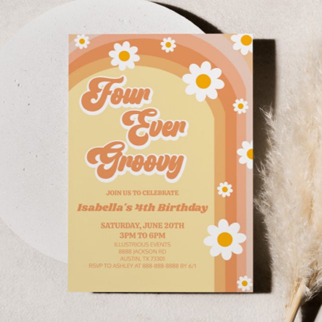 Four Ever Groovy Retro Daisy 4th Birthday Party Invitation (Creator Uploaded)