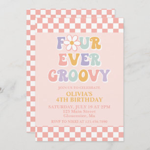 Four Ever Groovy Retro Daisy Checker 4th Birthday Invitation