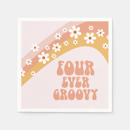 Four Ever Groovy Retro Daisy Rainbow 4th Birthday  Napkins