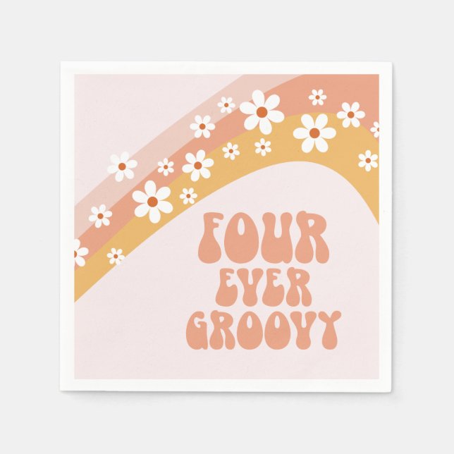 Four Ever Groovy Retro Daisy Rainbow 4th Birthday  Napkins (Front)