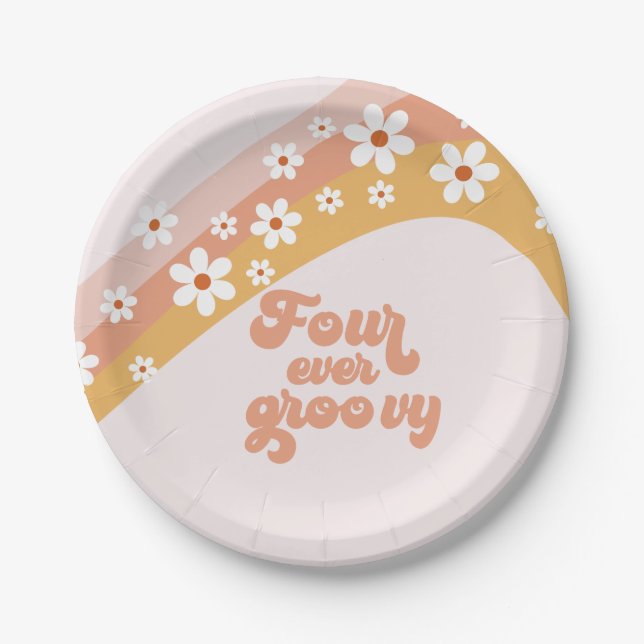 Four Ever Groovy Retro Daisy Rainbow 4th Birthday  Paper Plates (Front)