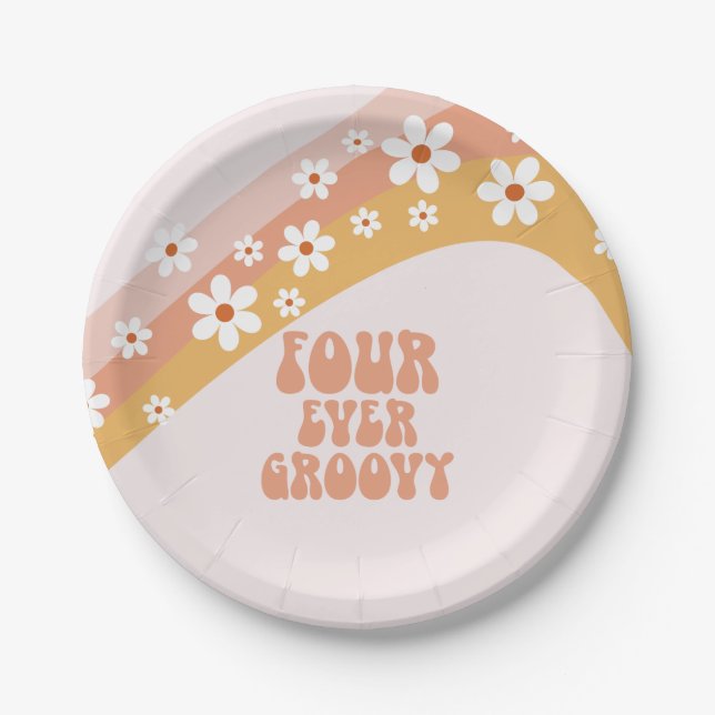 Four Ever Groovy Retro Daisy Rainbow 4th Birthday Paper Plates (Front)