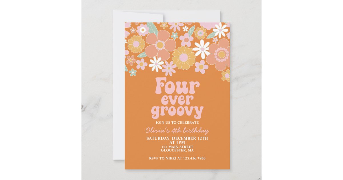 Four Ever Groovy Retro Floral 4th birthday Invitation | Zazzle