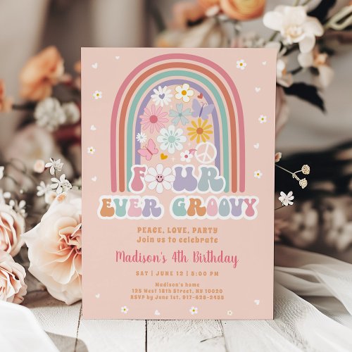 Four Ever Groovy Retro Flower 4th Birthday Invitation