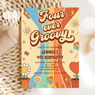 Four Ever Groovy Retro Rainbow 4th Birthday Invitation