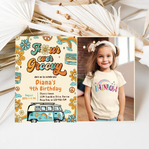 Four Ever Groovy Retro Rainbow 4th Birthday Invitation