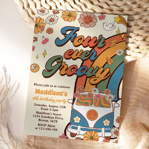 Four Ever Groovy Retro Rainbow 4th Birthday Invitation