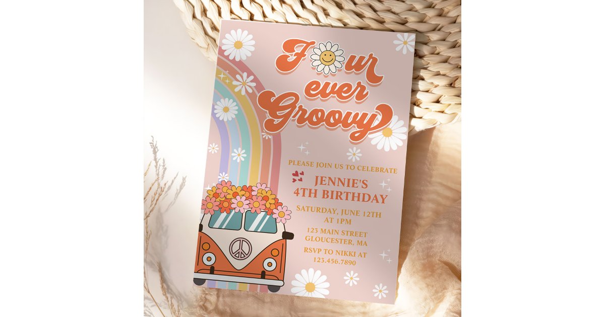 Four Ever Groovy Retro Rainbow 4th Birthday Invitation | Zazzle
