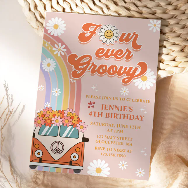 Four Ever Groovy Retro Rainbow 4th Birthday Invitation | Zazzle