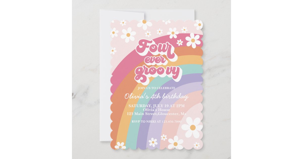 Four Ever Groovy Retro Rainbow 4th Birthday Invitation | Zazzle