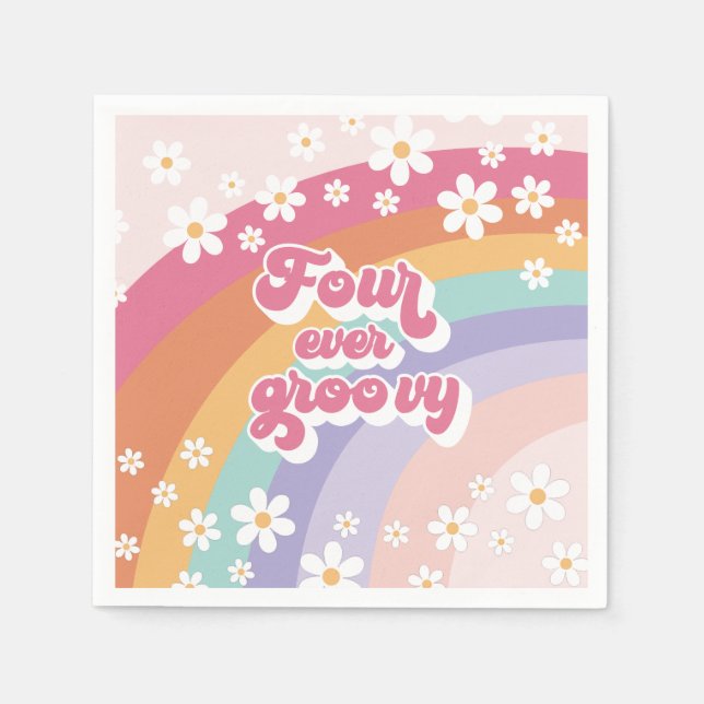 Four Ever Groovy Retro Rainbow 4th Birthday Napkins (Front)