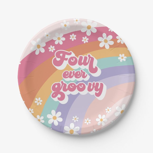 Four Ever Groovy Retro Rainbow 4th Birthday Paper Plates (Front)