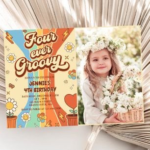 Four Ever Groovy Retro Rainbow 4th Birthday Photo Invitation