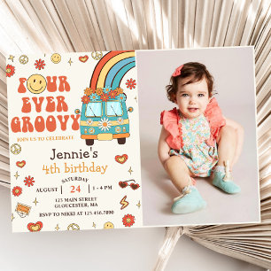 Four Ever Groovy Retro Rainbow 4th Birthday Photo Invitation
