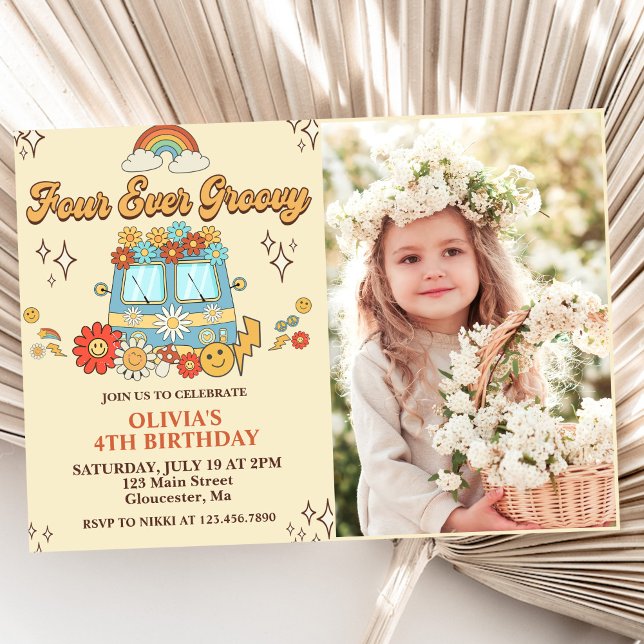 Four Ever Groovy Retro Rainbow 4th Birthday Photo Invitation (Creator Uploaded)