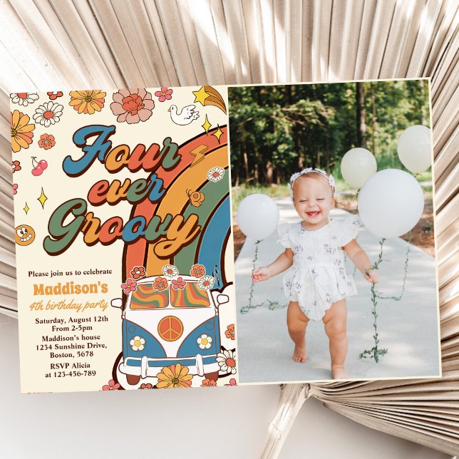 Four Ever Groovy Retro Rainbow 4th Birthday Photo Invitation (Creator Uploaded)