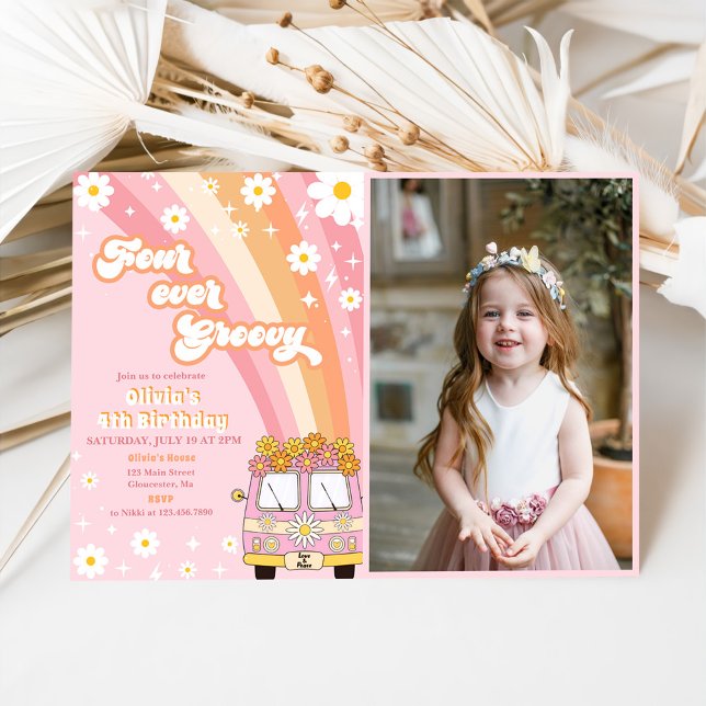 Four Ever Groovy Retro Rainbow 4th Birthday Photo Invitation (Creator Uploaded)