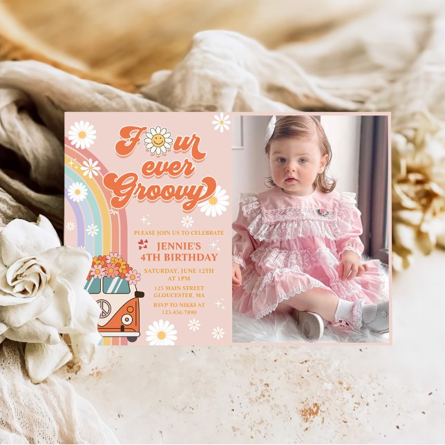 Four Ever Groovy Retro Rainbow 4th Birthday Photo Invitation (Creator Uploaded)
