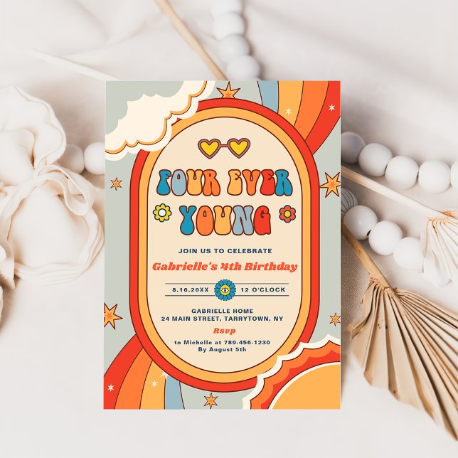 Four Ever Groovy Retro Rainbow  Birthday  Invitation (Creator Uploaded)