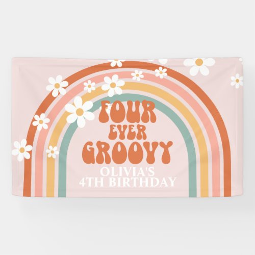 Four Ever Groovy Retro Rainbow Daisy Birthday Banner