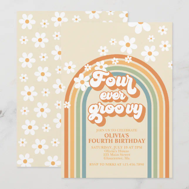 Four Ever Groovy Retro Rainbow Daisy Birthday Invitation | Zazzle