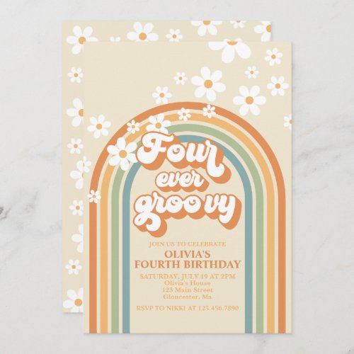Four Ever Groovy Retro Rainbow Daisy Birthday Invitation