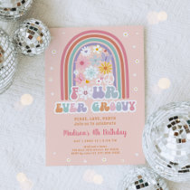 Four Ever Groovy Retro Rainbow Flower 4th Birthday Invitation