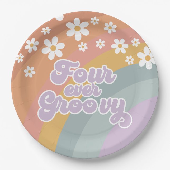 Four Ever Groovy Retro Rainbow Paper Plates (Front)