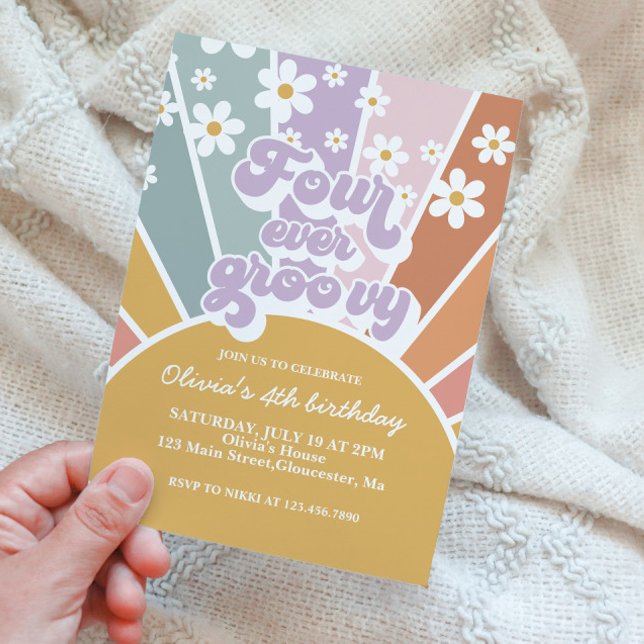 Four Ever Groovy Retro Sunshine Rainbow Daisy Invitation (Creator Uploaded)