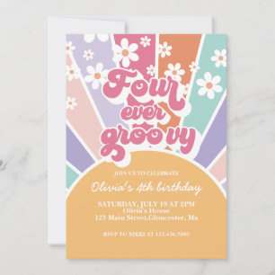 Four Ever Groovy Retro Sunshine Rainbow Daisy Invitation
