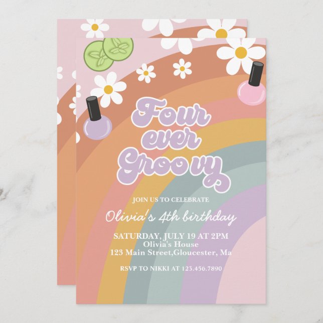 Four Ever Groovy Spa Rainbow 4th Birthday Invitation (Front/Back)