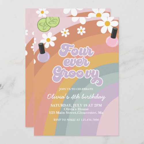 Four Ever Groovy Spa Rainbow 4th Birthday Invitation