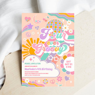 Four Ever Groovy Sun Rainbow Disco 4th Birthday Invitation