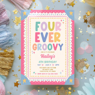 Four Ever Groovy Whimsical Girl 4th Birthday Party Invitation