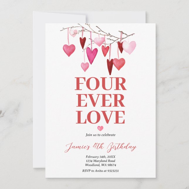 Four Ever Loved Valentine's Birthday Heart Balloon Invitation (Front)