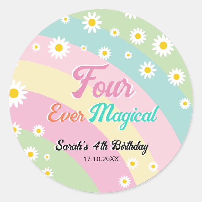 Four Ever Magical Fourth Birthday Daisy  Classic Round Sticker (Front)