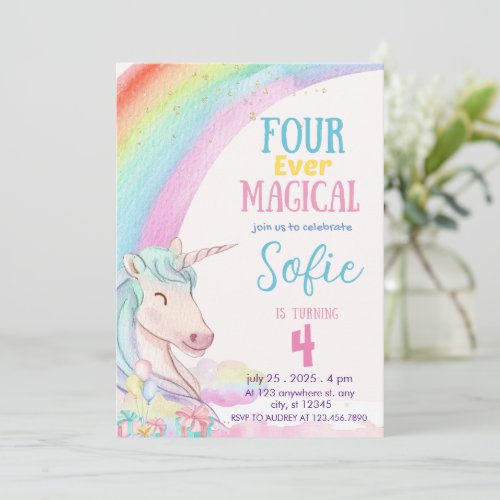 Four Ever Magical Pastel Unicorn  Birthday  Invitation