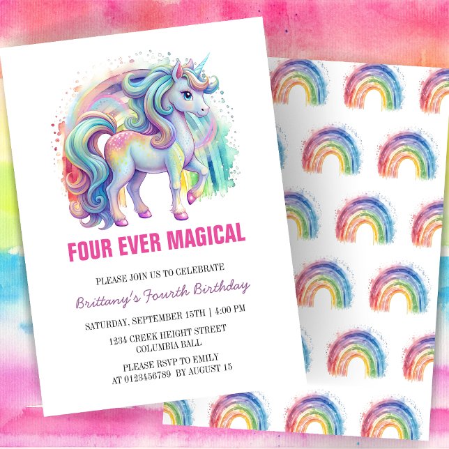 Four Ever Magical Pastel Unicorn Fourth Birthday Invitation (Creator Uploaded)