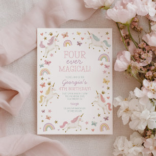 Four Ever Magical Rainbow Unicorn Girls Birthday Invitation